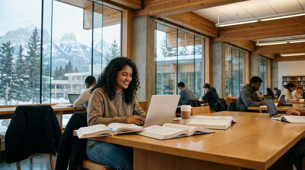 Indian student studying in a modern Canadian university library