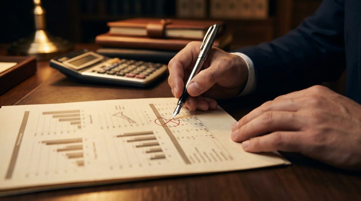 Professional's hands reviewing financial documents with a pen, highlighting the scrutiny of proof of funds applications.