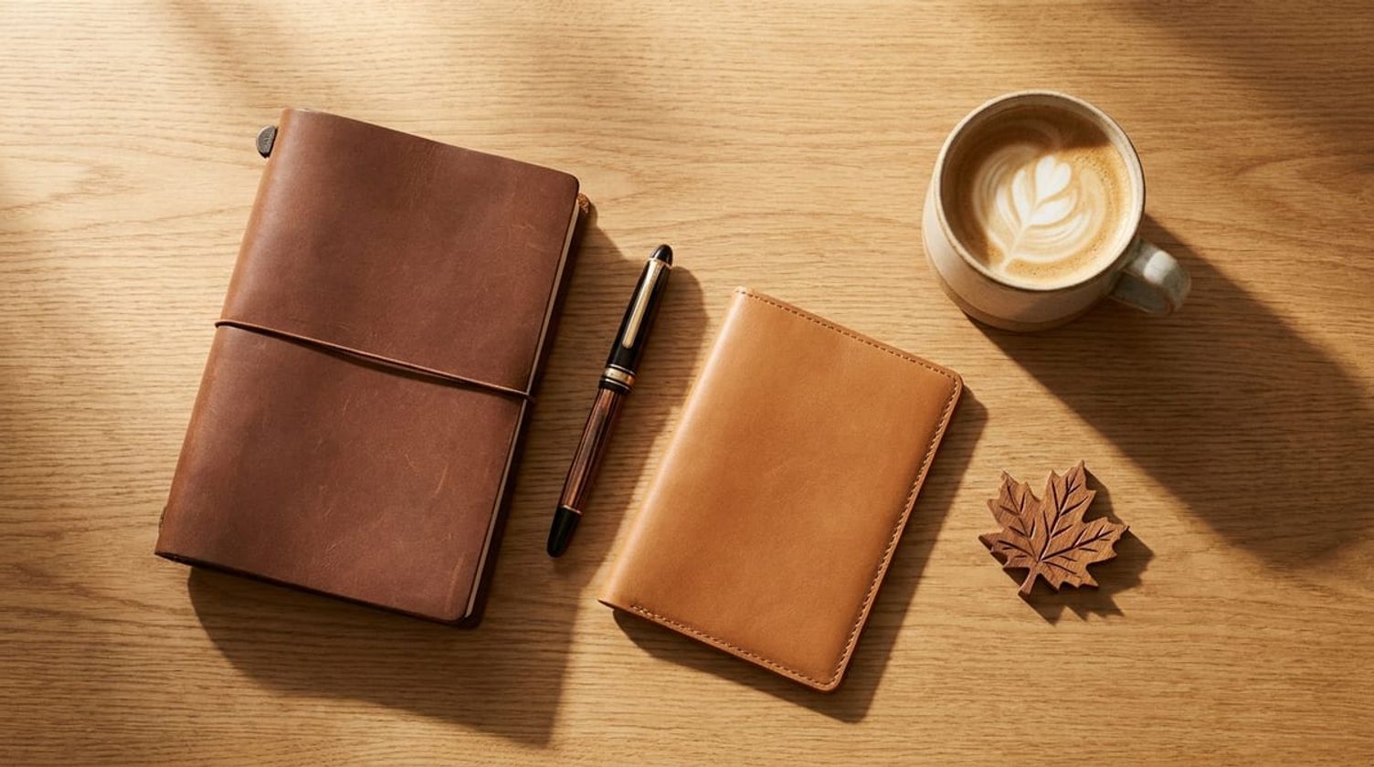 A professional flat lay of a leather journal, fountain pen, and passport holder on a sunlit wooden desk.