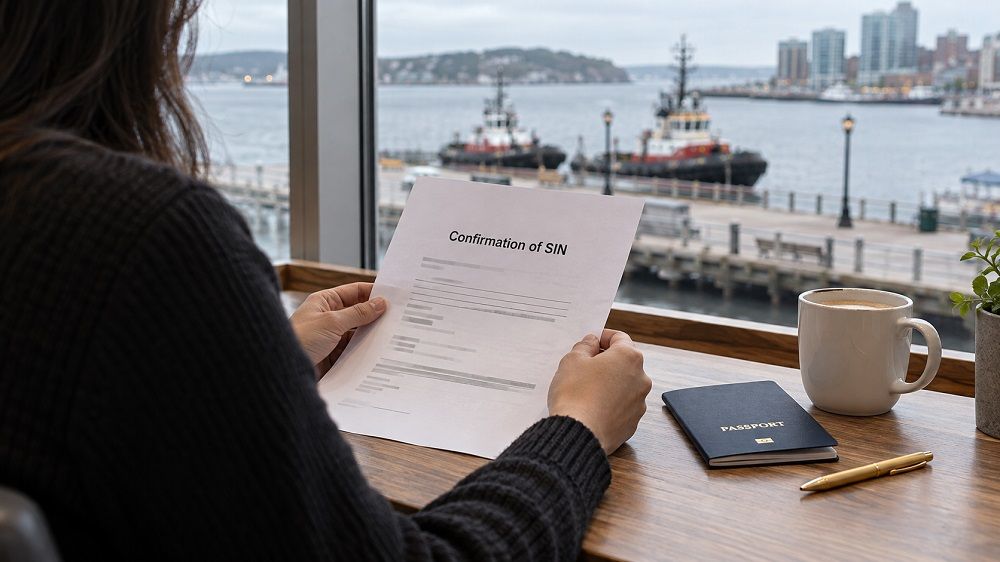 Person holding a “Confirmation of SIN” document beside a passport and pen near a waterfront window.