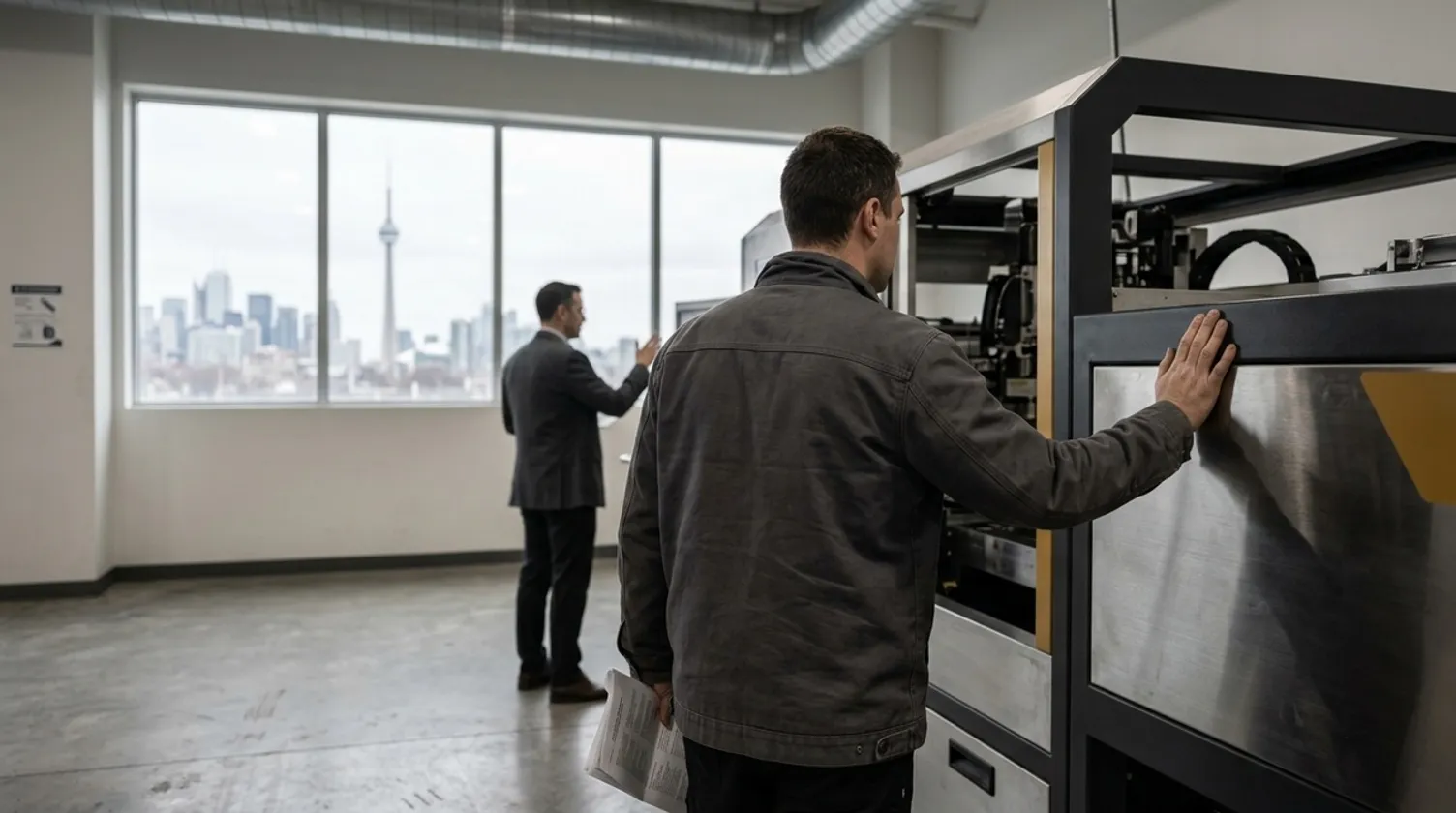 A technician inspects industrial machinery in a room overlooking the Toronto skyline.