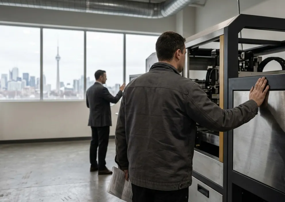 A technician inspects industrial machinery in a room overlooking the Toronto skyline.