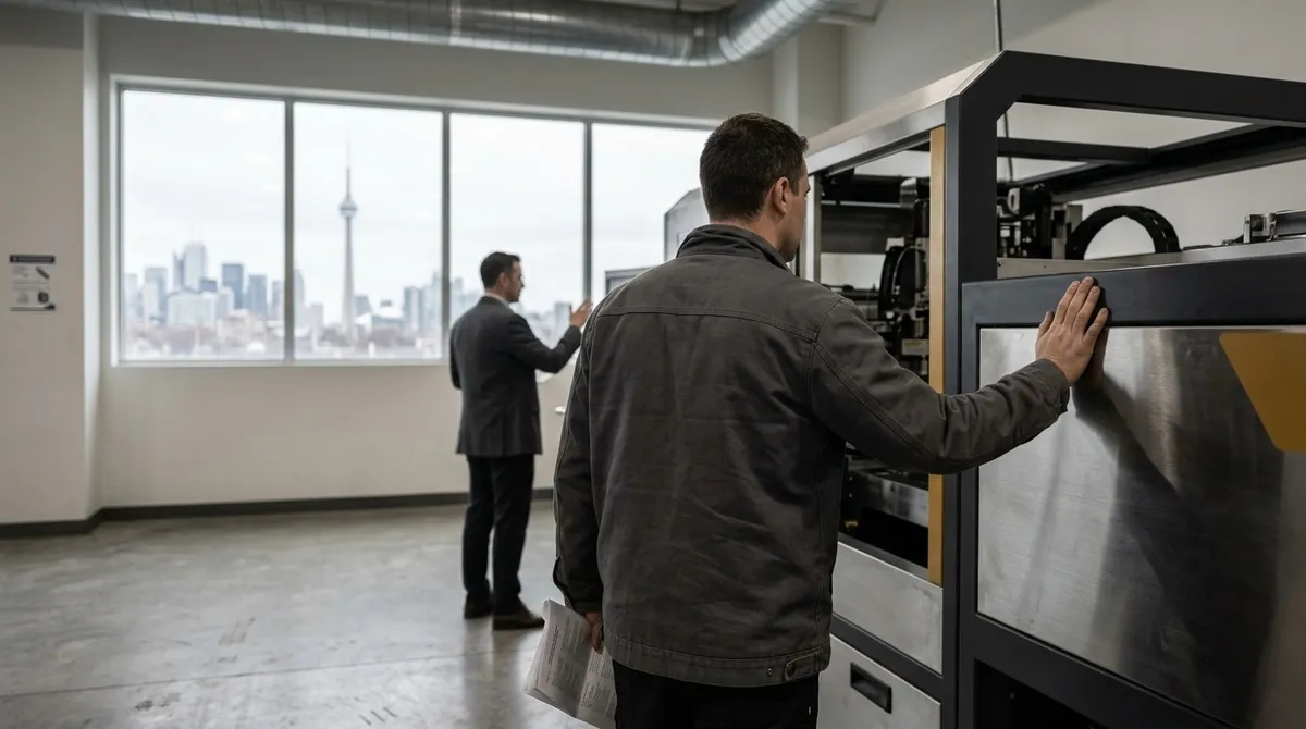 A technician inspects industrial machinery in a room overlooking the Toronto skyline.