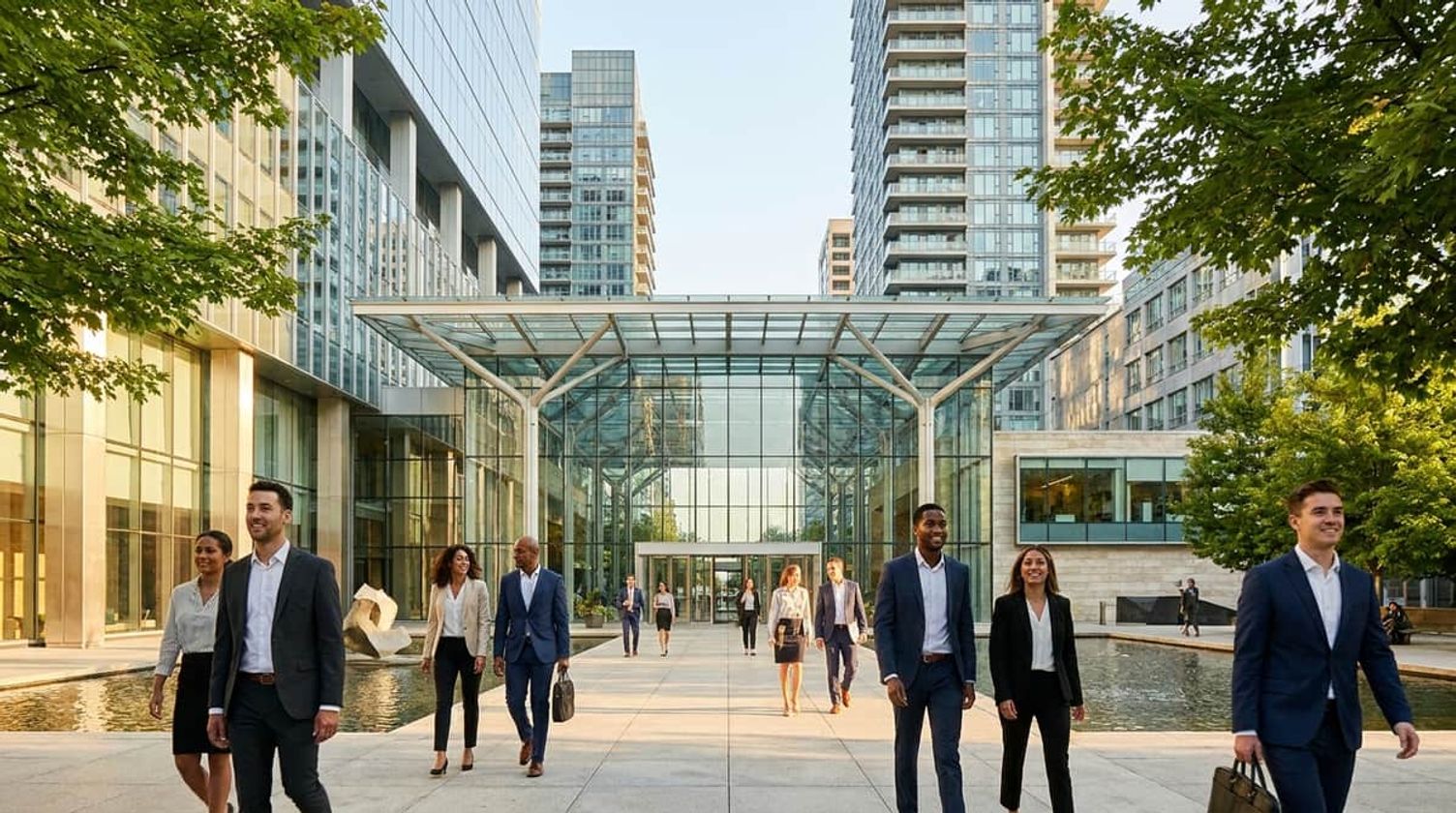 Sunlit modern Canadian civic plaza with sleek glass architecture and professionals walking outdoors.