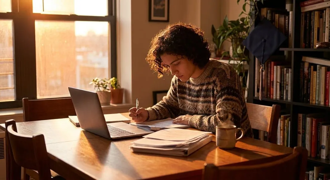 Photograph of a student studying at a sunlit desk with a laptop, papers, and a graduation cap on a bookshelf.