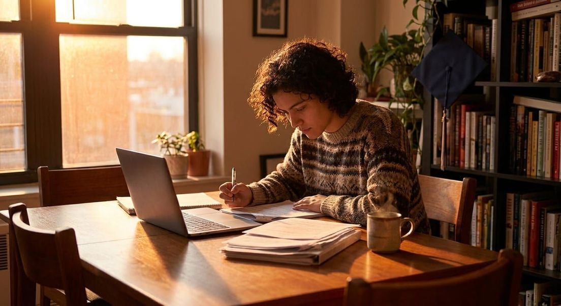Photograph of a student studying at a sunlit desk with a laptop, papers, and a graduation cap on a bookshelf.