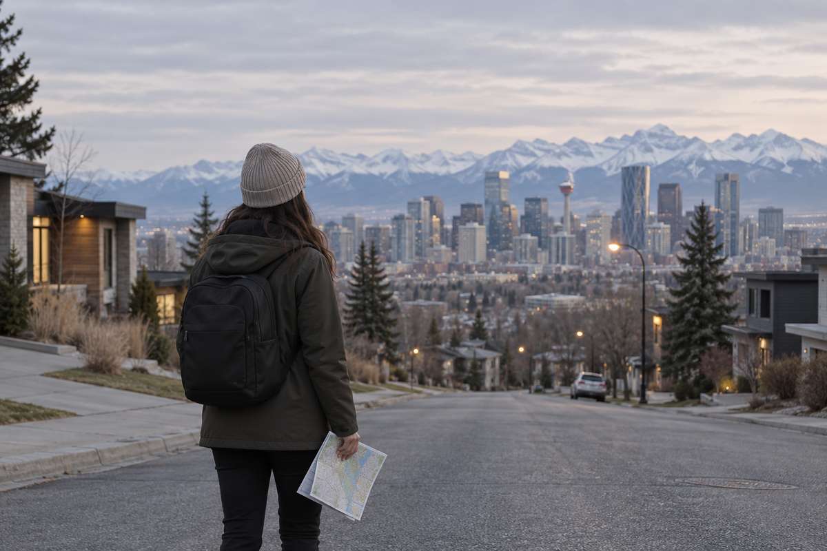 A person with a backpack holding a map looks toward the Calgary skyline and snow-capped mountains.