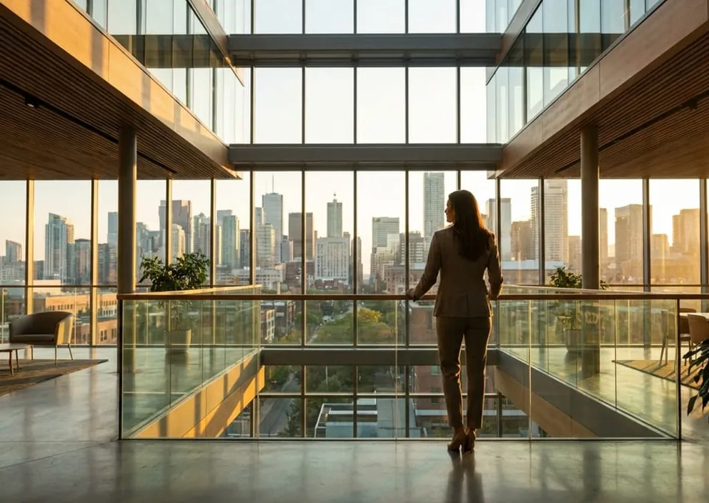 A professional standing in a sunlit modern atrium looking out at a Canadian city skyline at morning.