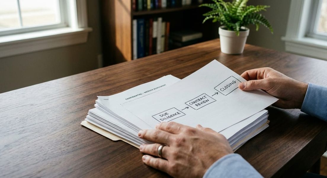 Photograph of hands reviewing a stack of legal documents and a process flowchart during a refugee appeal.