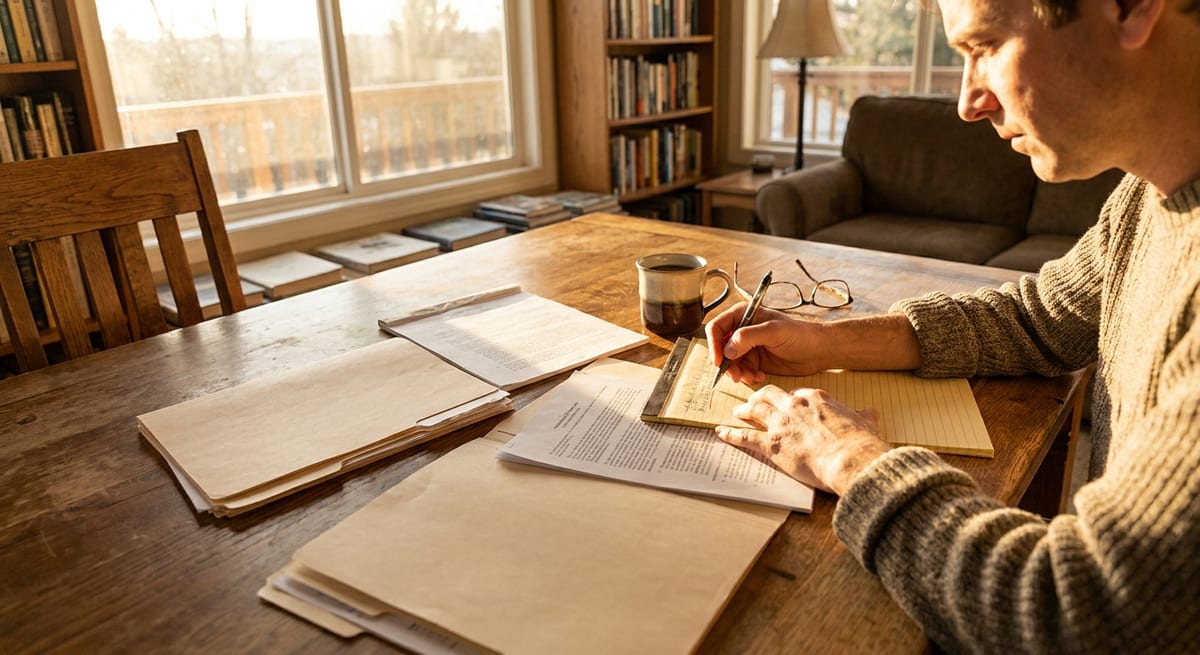 Photograph of a man reviewing legal documents and taking notes at a sunlit wooden desk to prepare for a hearing.
