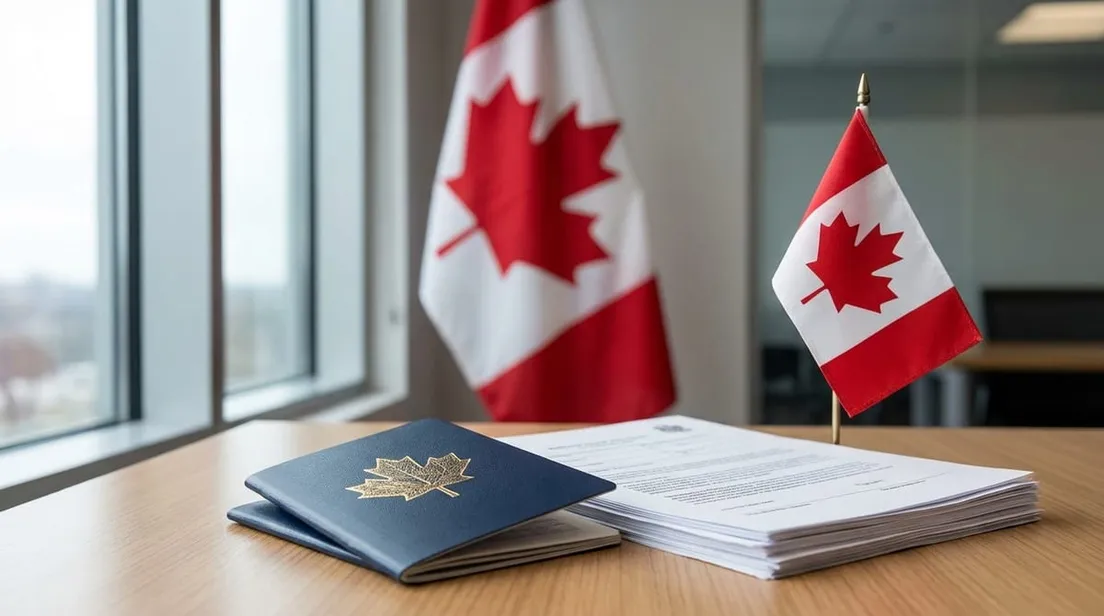 Canadian passports, stacked documents, and a small Canadian flag sit on a wooden office desk.