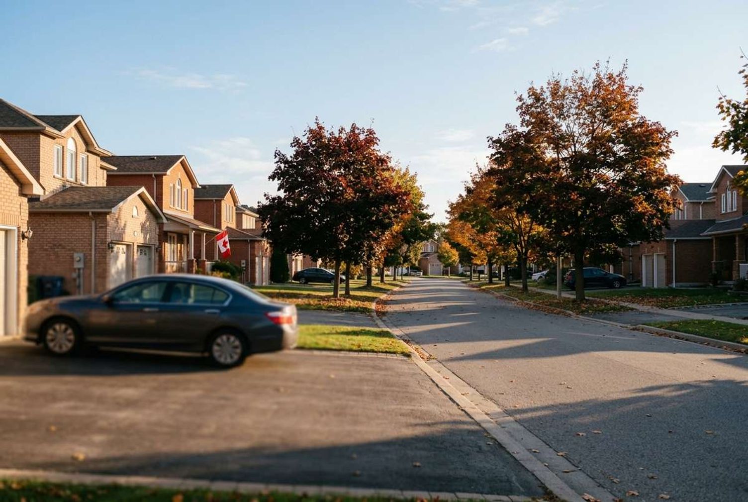 A quiet Canadian suburban street lined with brick houses and autumn trees.