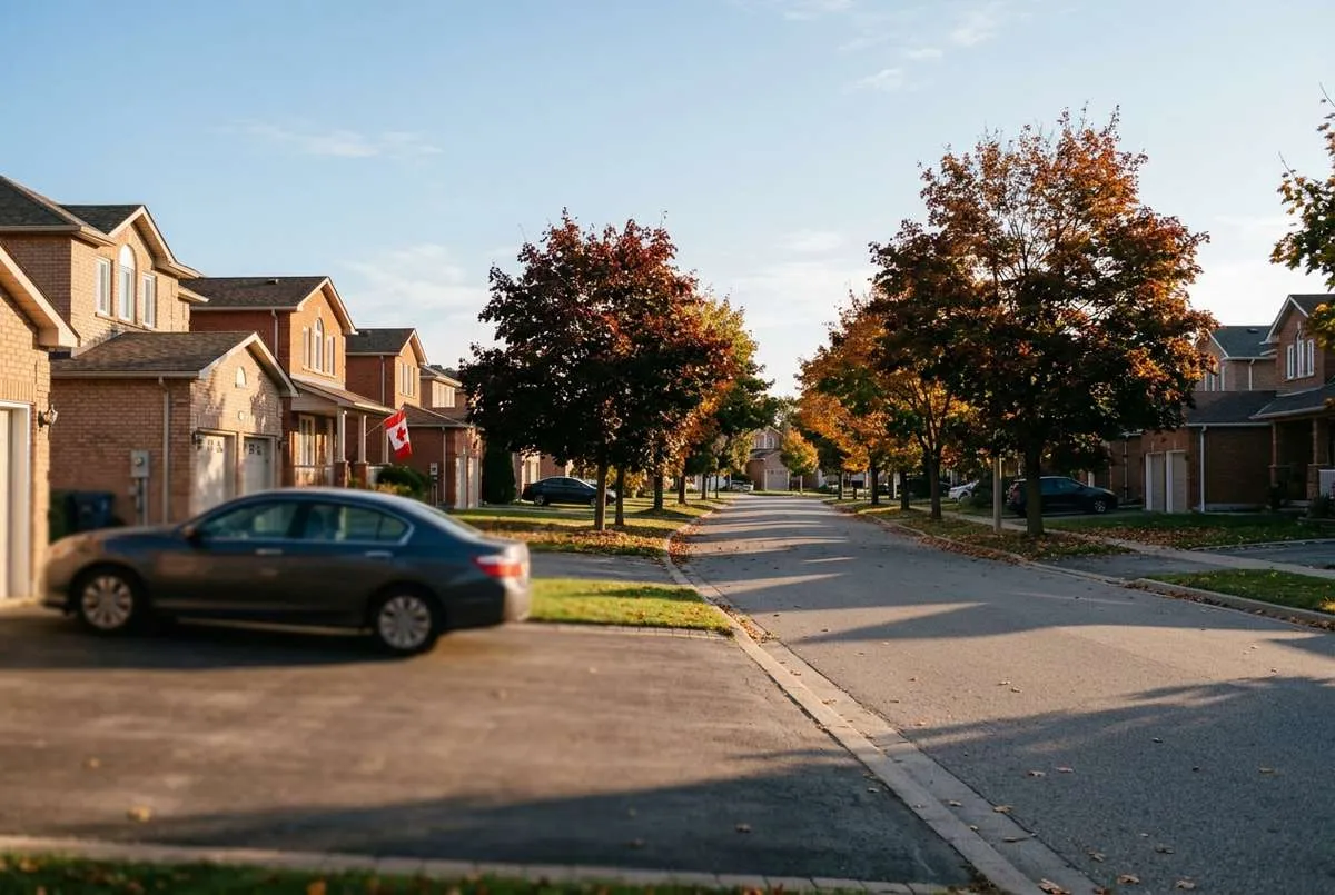 A quiet Canadian suburban street lined with brick houses and autumn trees.
