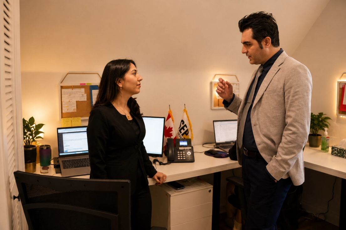 Two professionals in business attire converse near a desk with computers in an office.