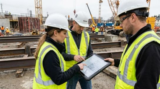 Skilled trades professionals examining building plans on an active job site.