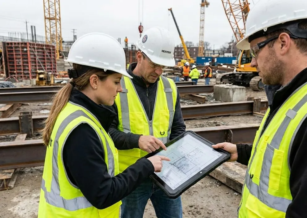 Skilled trades professionals examining building plans on an active job site.