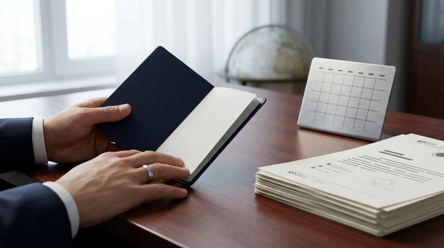 Close-up of hands holding an open passport and official documents next to a desk calendar on a professional office desk.