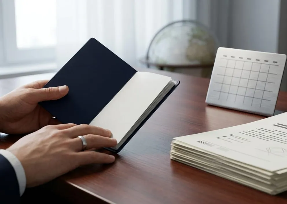 Close-up of hands holding an open passport and official documents next to a desk calendar on a professional office desk.