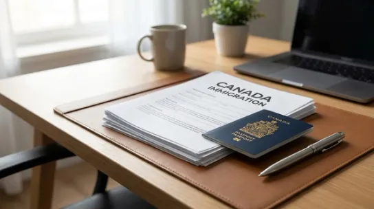 Canadian immigration permanent residence documents and passport on an office desk