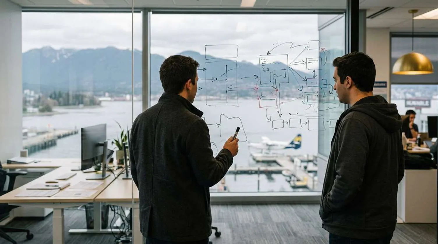 Two professionals discussing a diagram drawn on a glass office window overlooking a harbor.