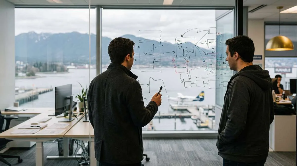 Two professionals discussing a diagram drawn on a glass office window overlooking a harbor.
