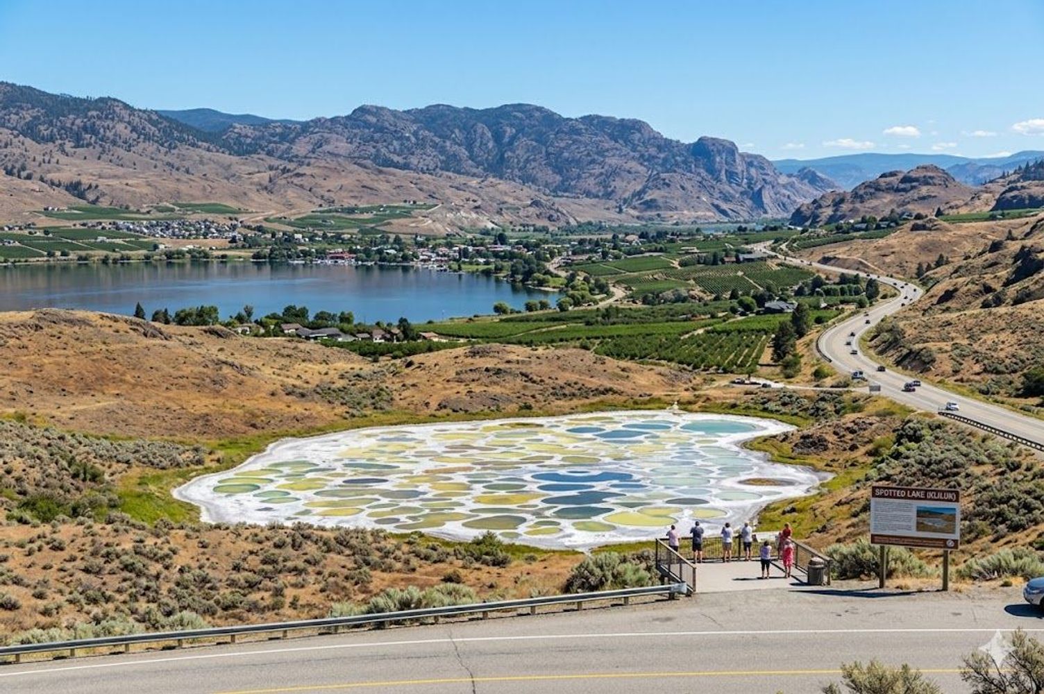 Spotted Lake in Osoyoos, BC, featuring colorful, circular mineral pools surrounded by dry hills.