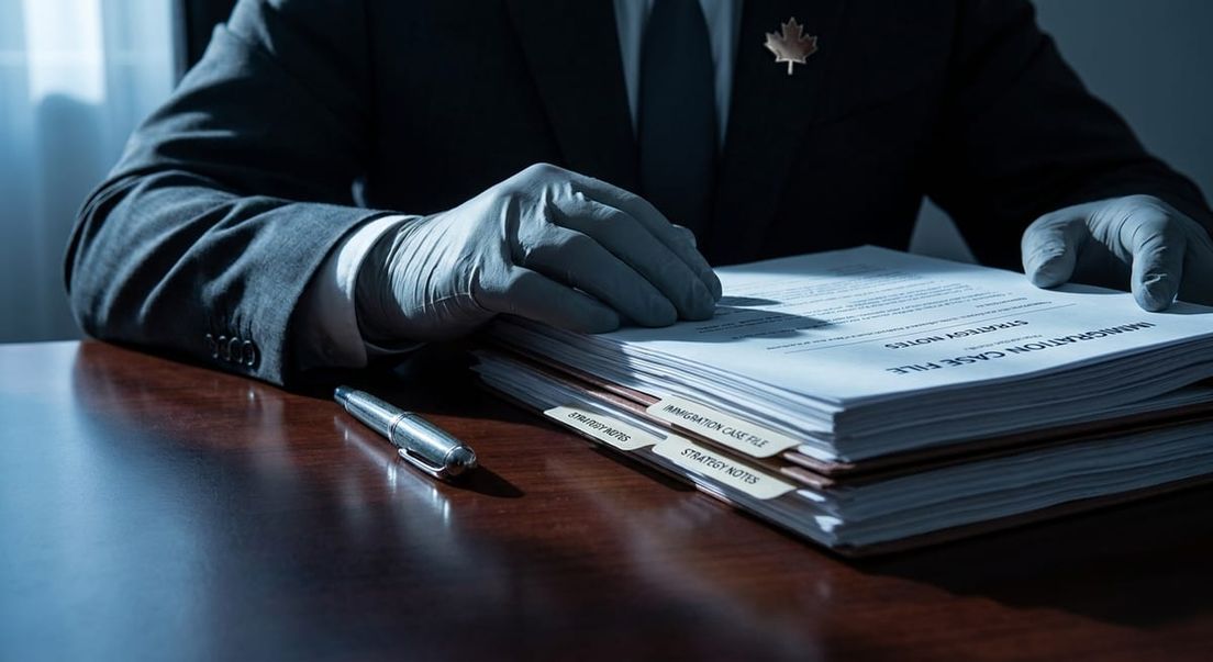 Photograph of a Canadian official reviewing a thick immigration case file and strategy notes for a PRRA application.