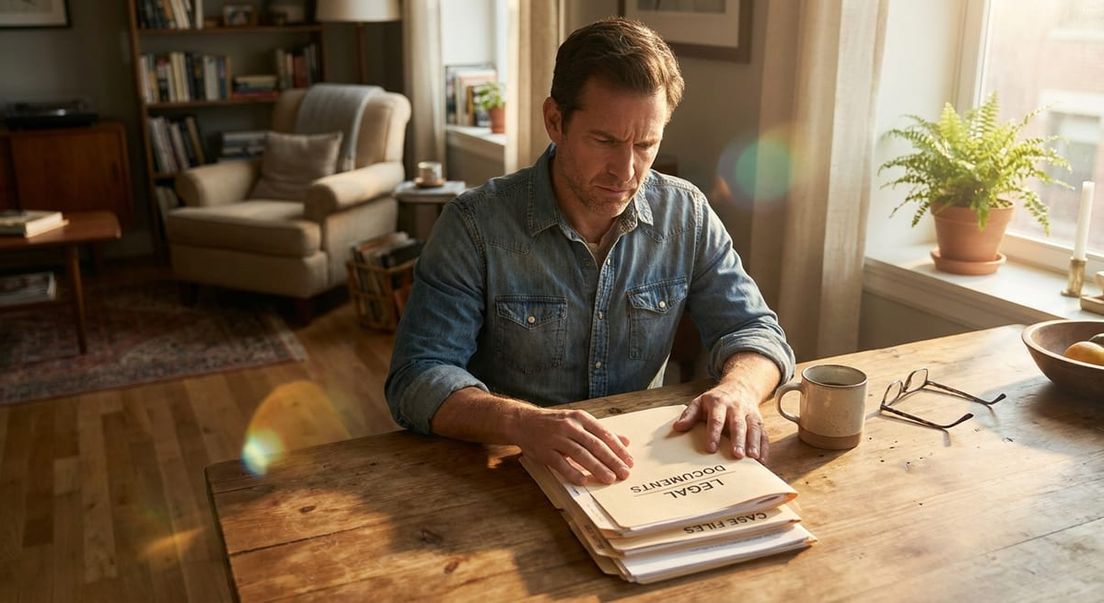 Photograph of a concerned man reviewing legal documents and case files for a refugee appeal at a wooden table.