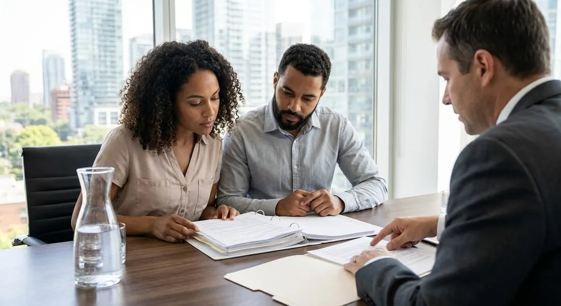 Photograph of a couple reviewing legal documents with an advisor for their common-law sponsorship application.