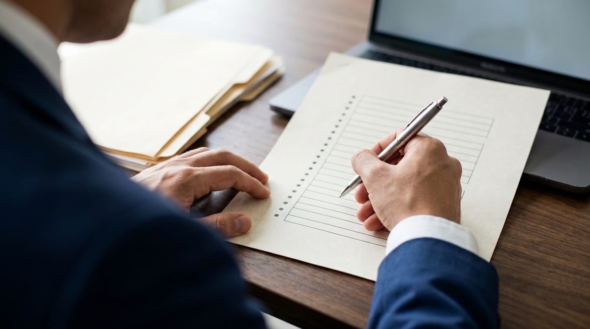 Professional hands reviewing a step-by-step document on a wooden desk in a modern office, representing the LMIA process.
