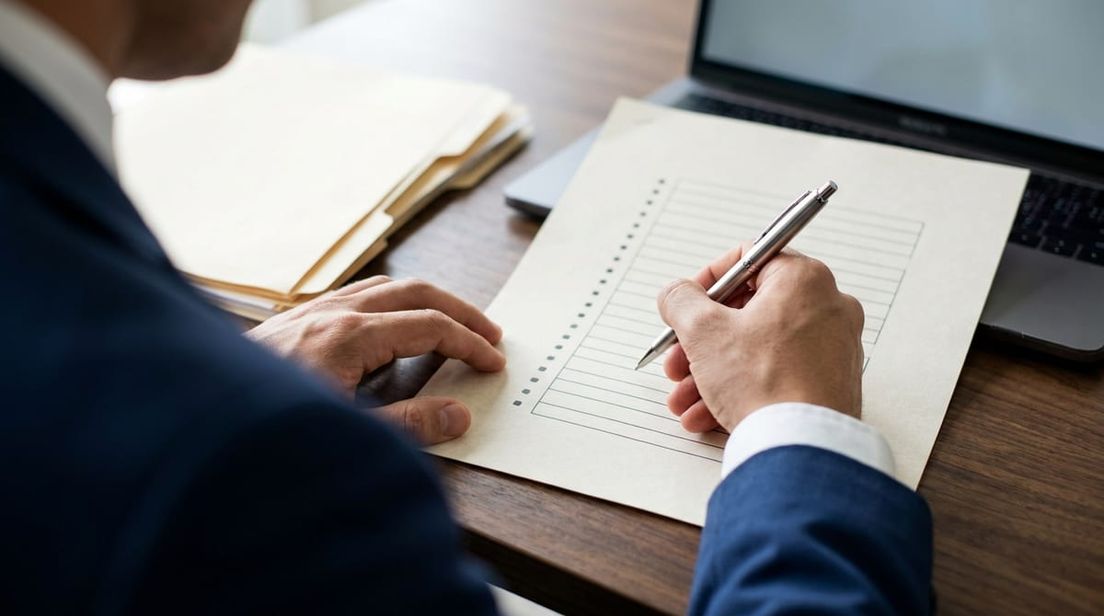 Professional hands reviewing a step-by-step document on a wooden desk in a modern office, representing the LMIA process.