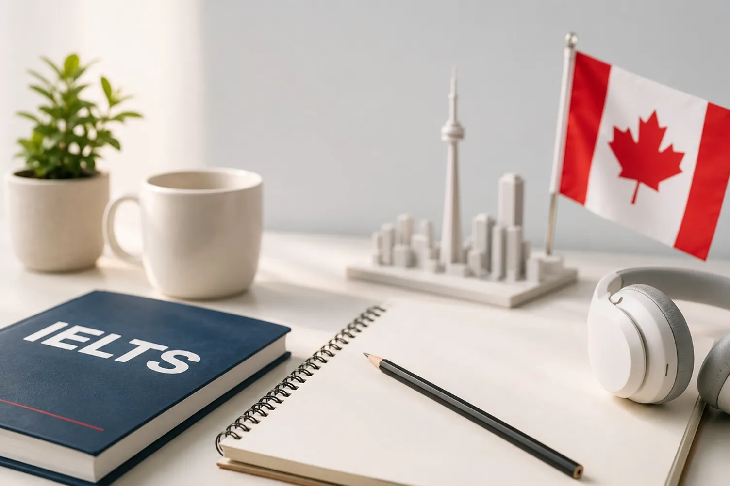 An IELTS book, open spiral notebook, pencil, headphones, Canadian flag, and Toronto skyline model on a white desk.