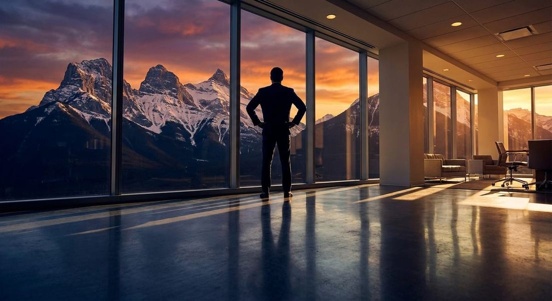 Photograph of a professional viewing Alberta mountains from a modern office, symbolizing AOS career opportunities.