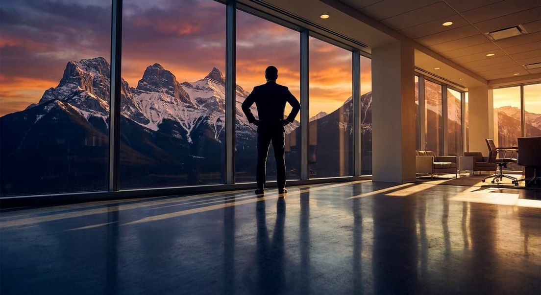 Photograph of a professional viewing Alberta mountains from a modern office, symbolizing AOS career opportunities.