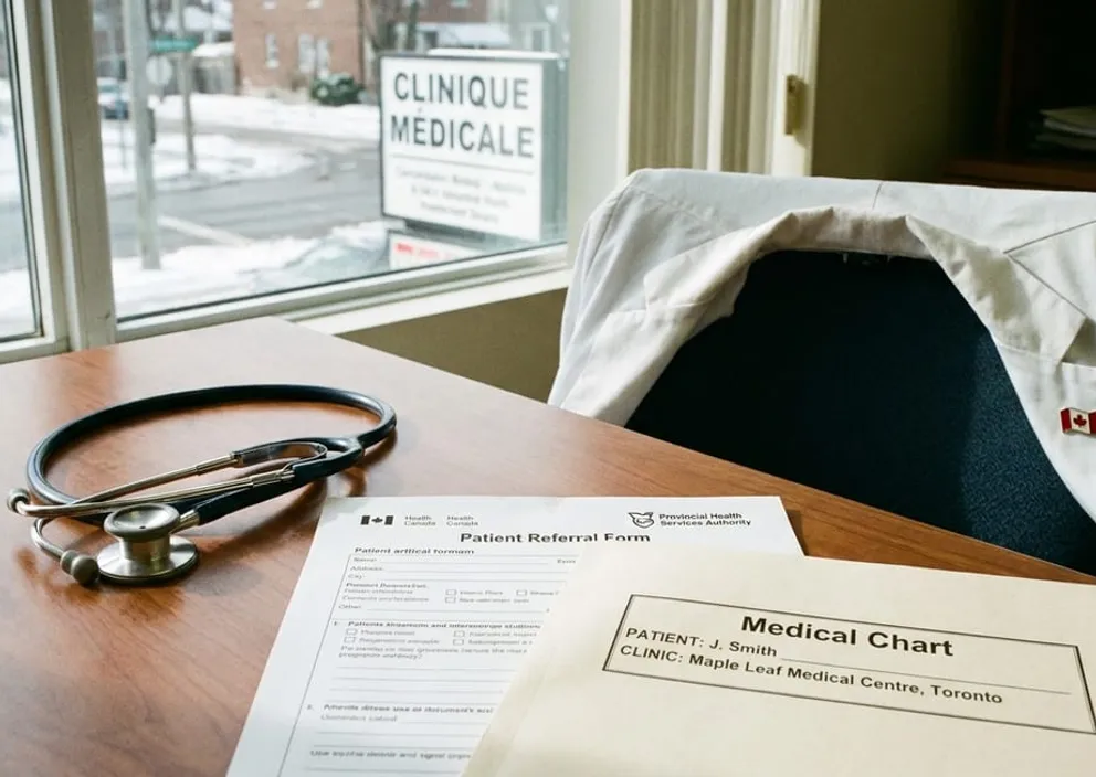 A stethoscope resting on a desk beside official documents in a Canadian medical clinic