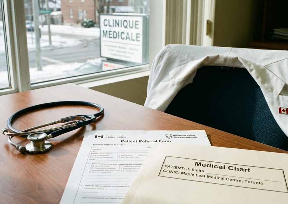 A stethoscope resting on a desk beside official documents in a Canadian medical clinic
