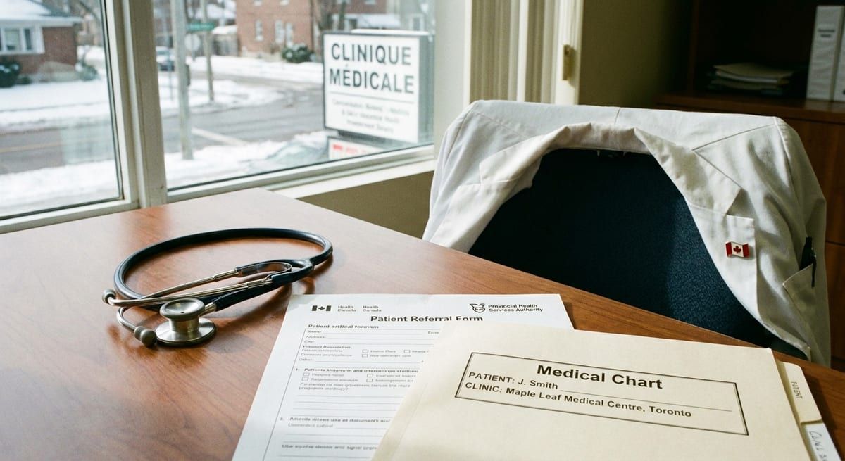 A stethoscope resting on a desk beside official documents in a Canadian medical clinic