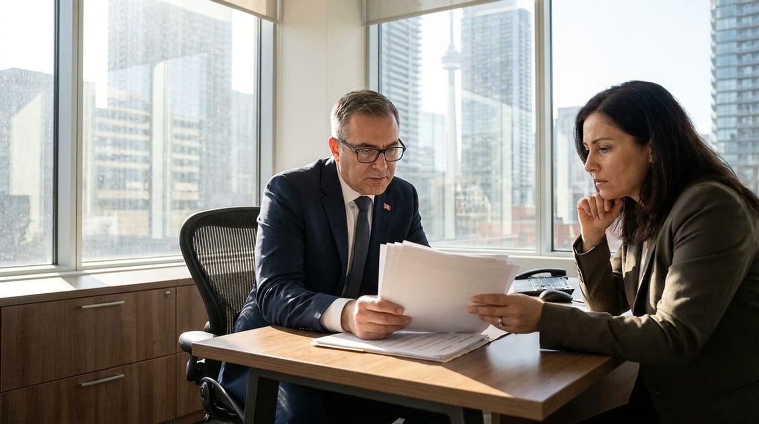 A man in a suit and a woman review documents at a desk in a high-rise city office.