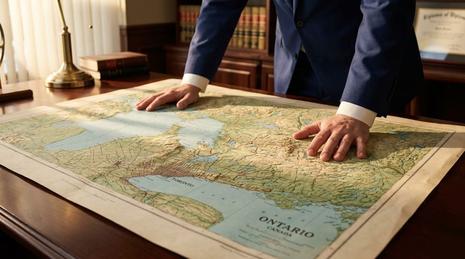 Professional hands reviewing a detailed topographical map of Ontario on a polished desk, representing province-wide options.
