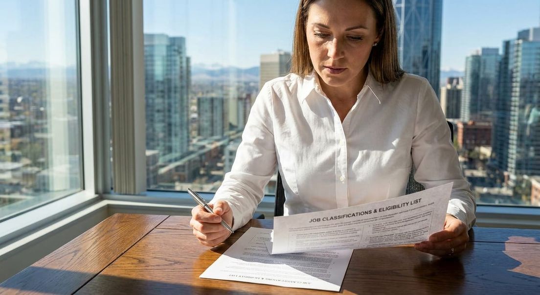 Photograph of a woman reviewing a job classifications and eligibility list for the Alberta Opportunity Stream.