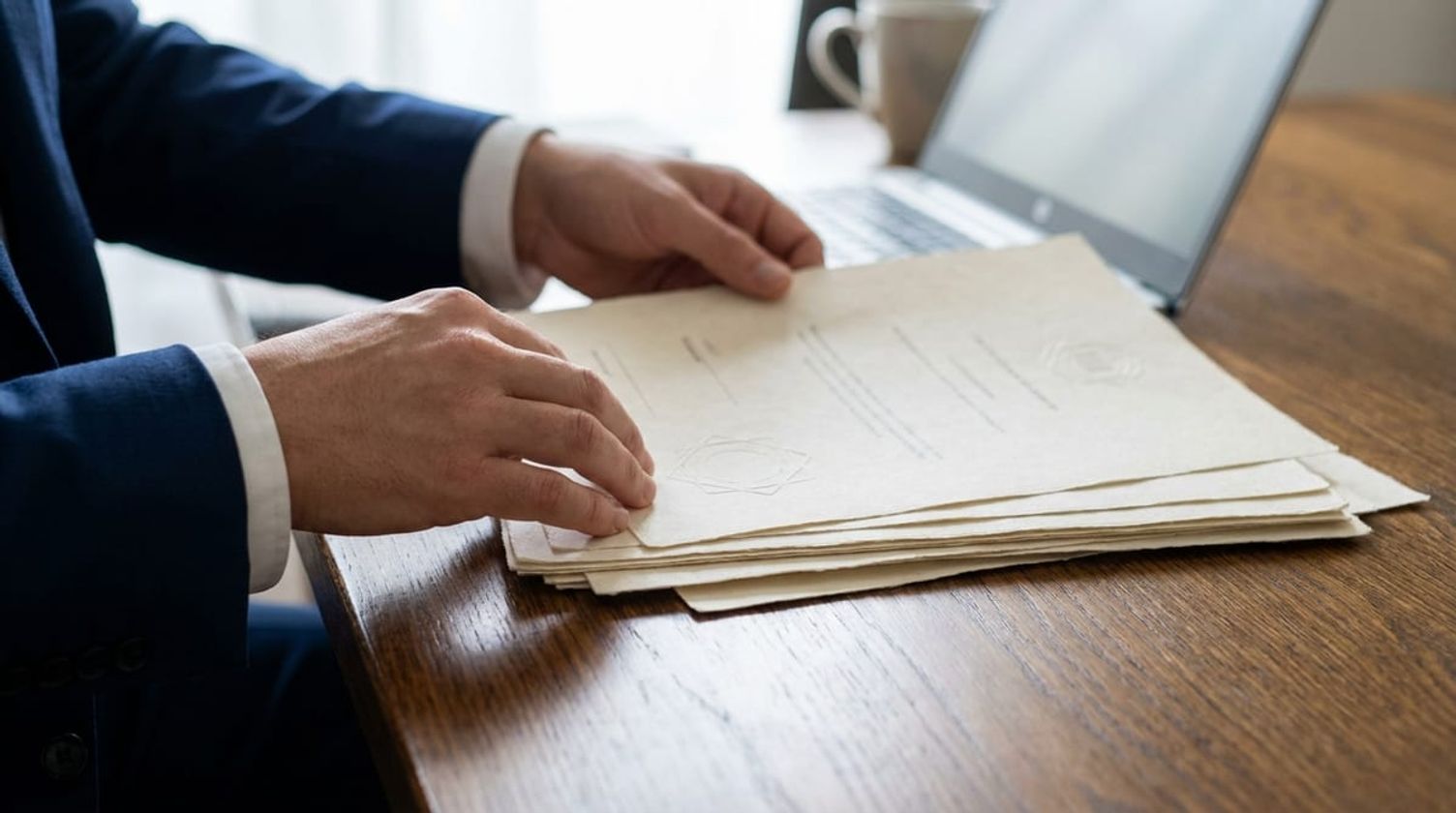 Hands in a professional suit organizing official employment documents next to a laptop on a wooden desk.