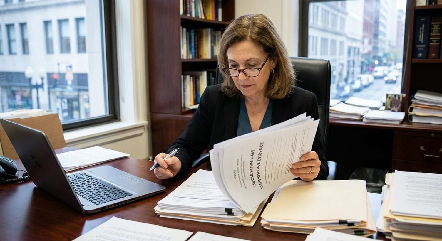 Professional reviewing immigration documents in an office setting