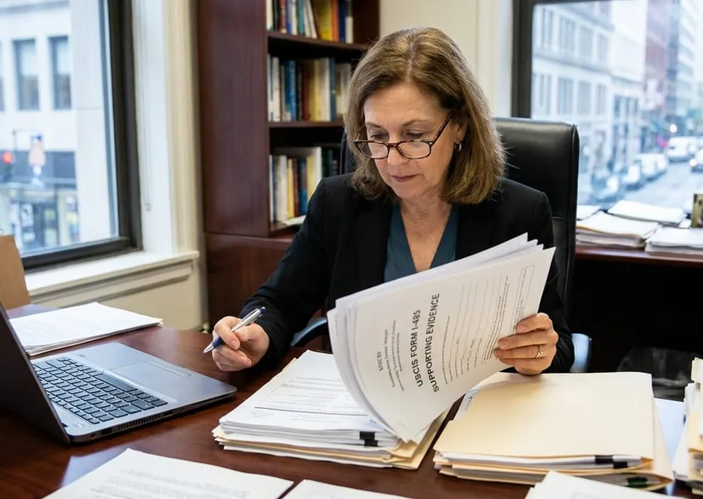 Professional reviewing immigration documents in an office setting