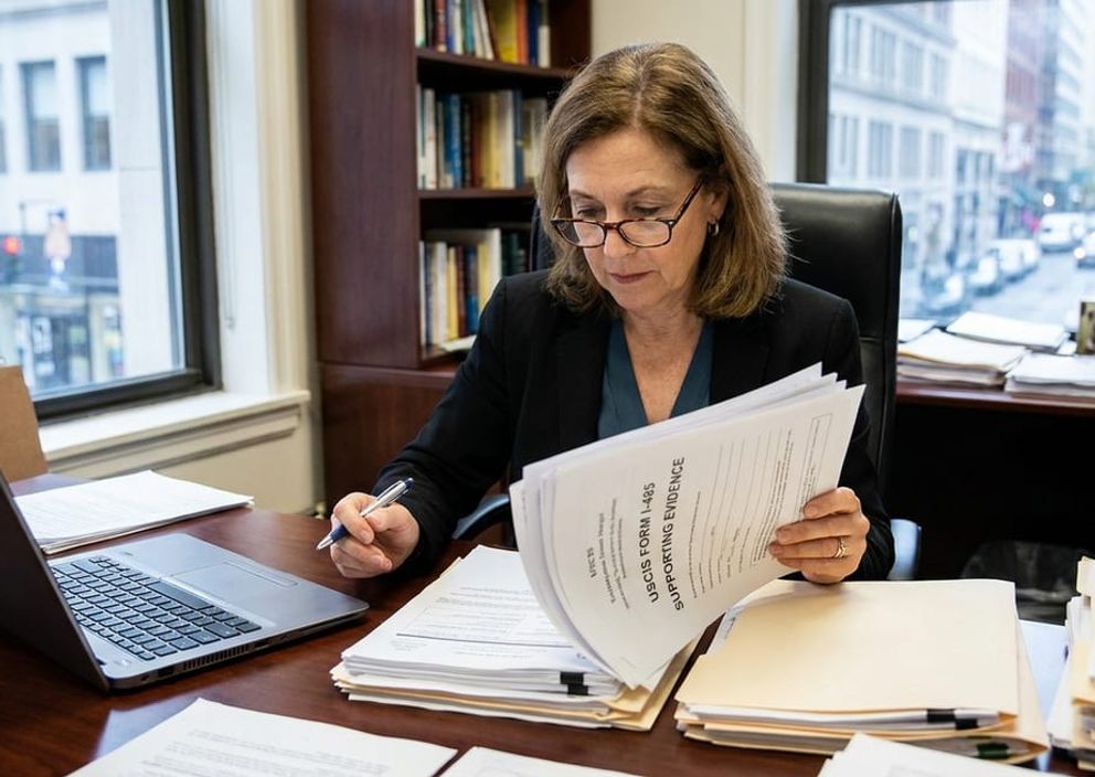 Professional reviewing immigration documents in an office setting