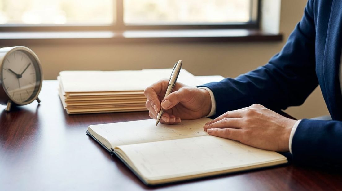Professional hands reviewing a blank planner and documents on a desk with a clock, symbolizing timeline planning.