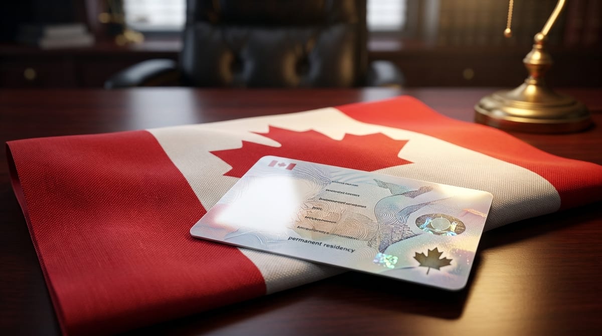 A close-up of a Canadian flag and an official permanent residency card on a polished desk in a professional legal office.