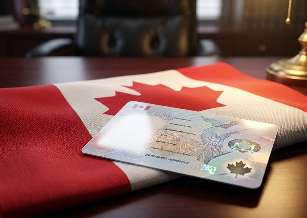 A close-up of a Canadian flag and an official permanent residency card on a polished desk in a professional legal office.