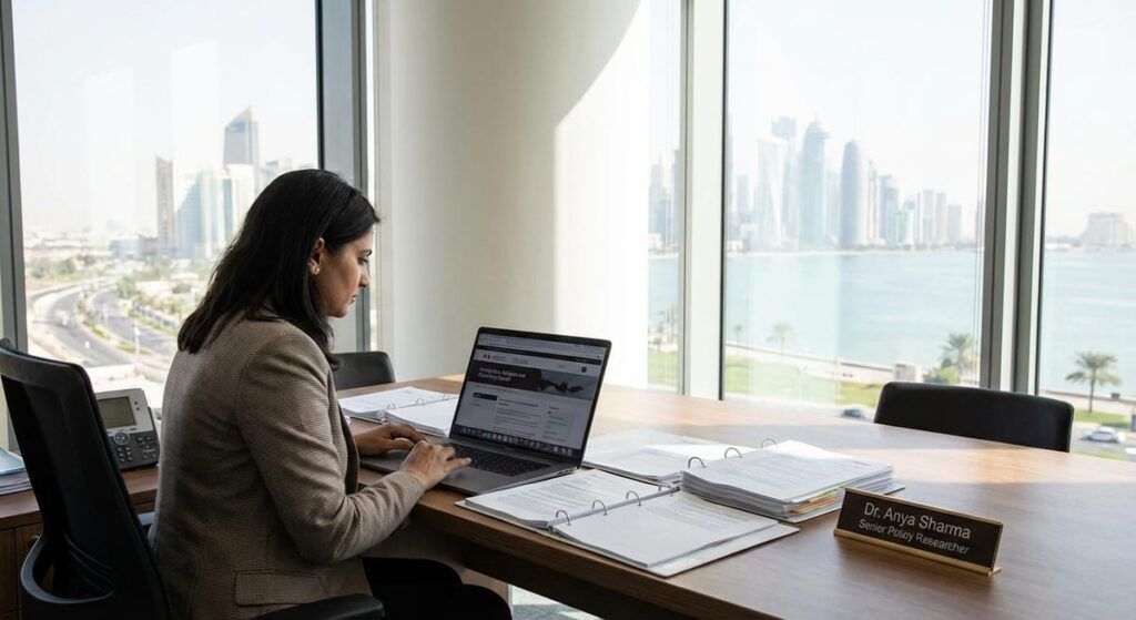 A professional researching Canadian immigration in a Doha office