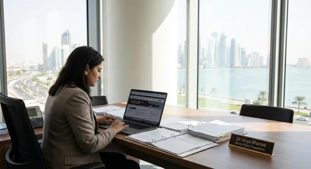 A professional researching Canadian immigration in a Doha office