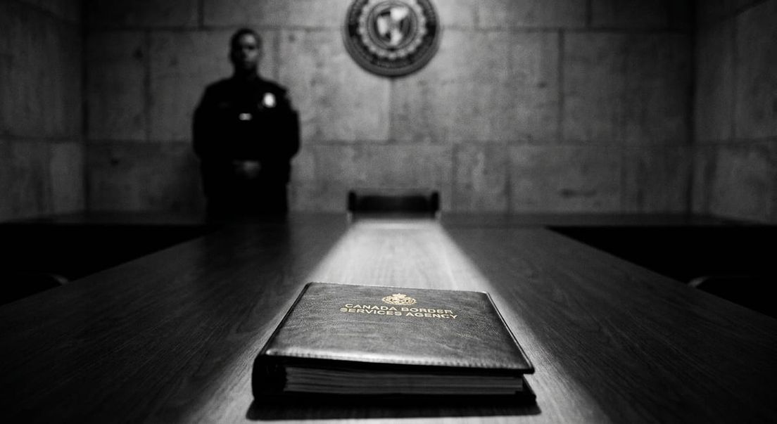 Photograph of a CBSA binder on a table with a blurred officer in a somber black and white Canadian detention review.